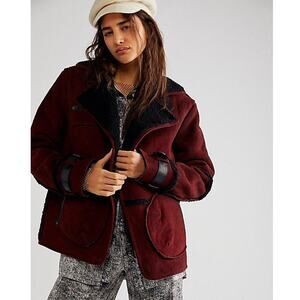 New Free People Cassidy Cozy Jacket SUEDE SHERPA $698 XS Burgundy & Black